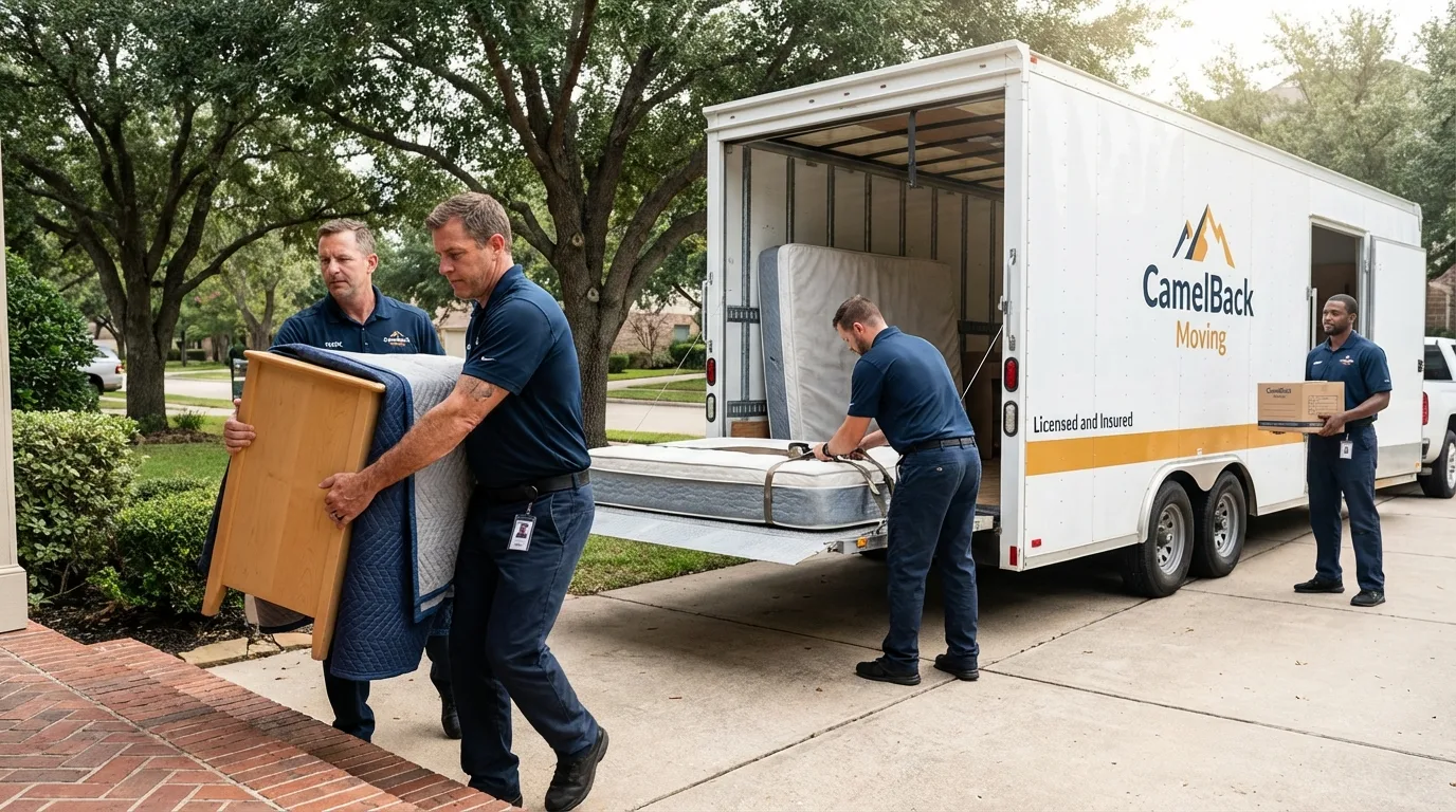 Crew loading residential truck for cross-state move from Granbury, TX