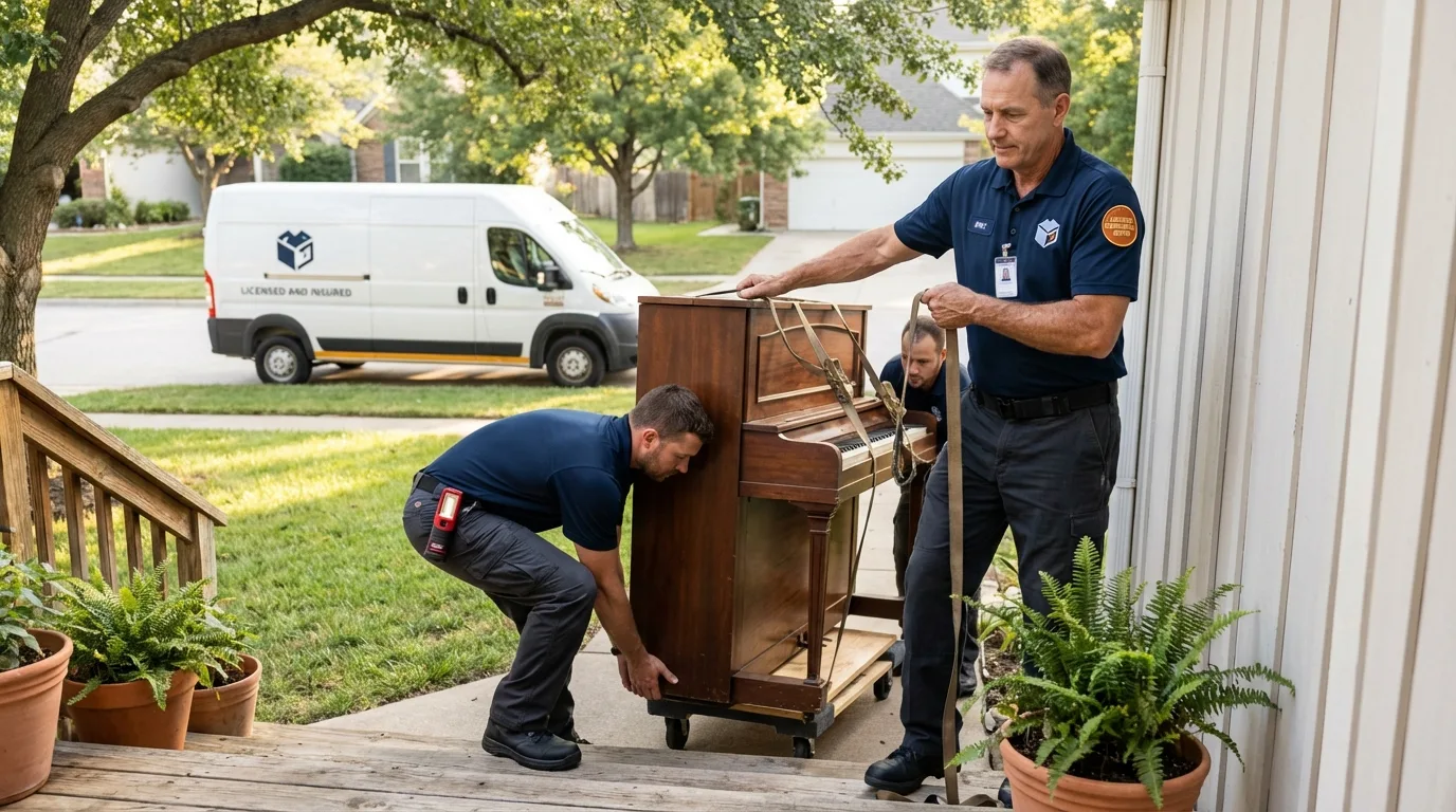 Licensed piano movers securing grand piano in Granbury, TX