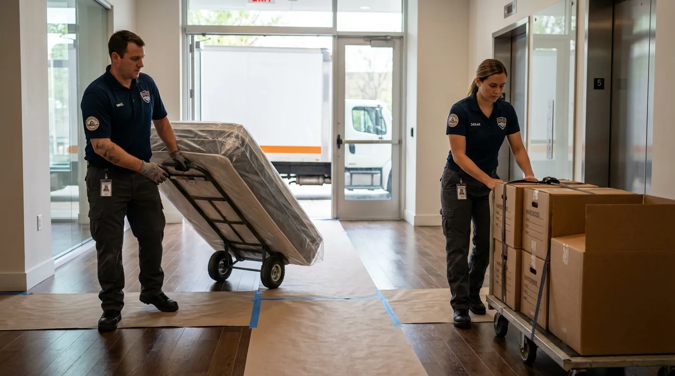 Professional apartment movers loading elevator in Granbury, TX